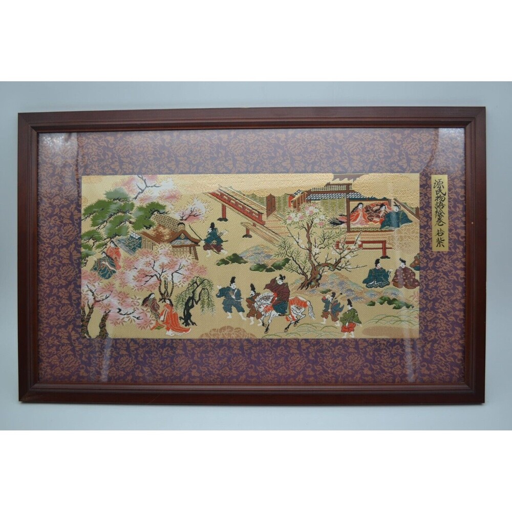 Genji Wakamurasaki Scene Gold Silk Thread Framed, 1994, 18.5", Japan, Kyugetsu